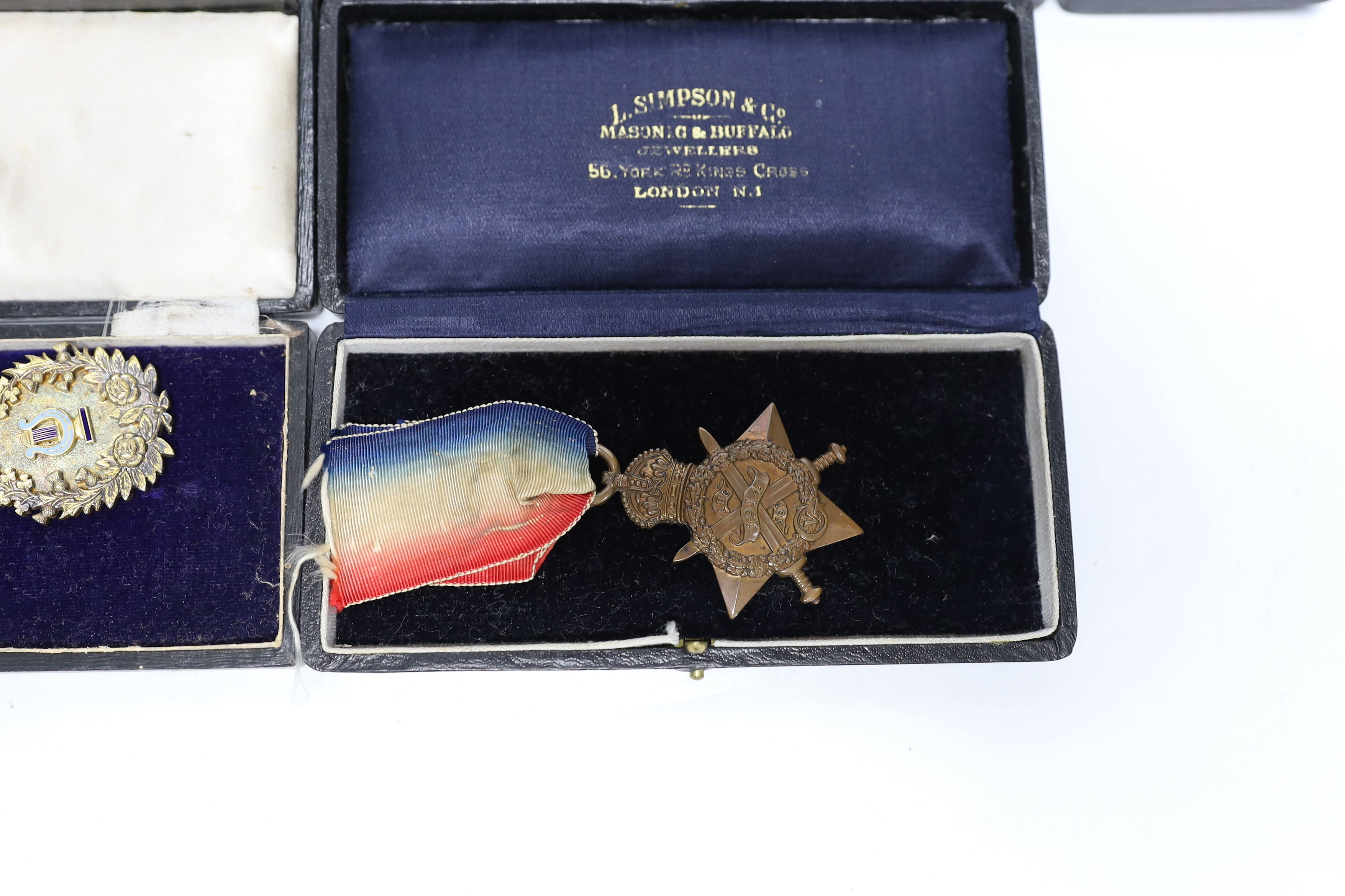 WWI trio awarded to CMT - 735 PTE A E COX ASC, three cased silver Masonic medals, two with enamel together with another empty Masonic related case